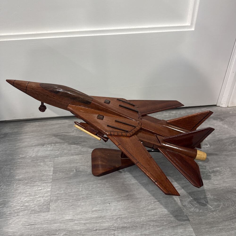 Vintage Hand Carved Wood F-14 Tomcat Fighter Jet Airplane Model 17.5” w/ Stand *